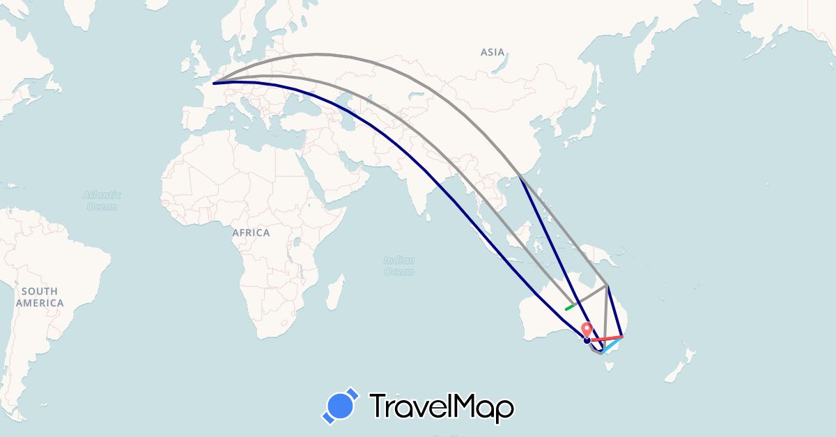 TravelMap itinerary: driving, bus, plane, hiking, boat in Australia, France, Hong Kong (Asia, Europe, Oceania)